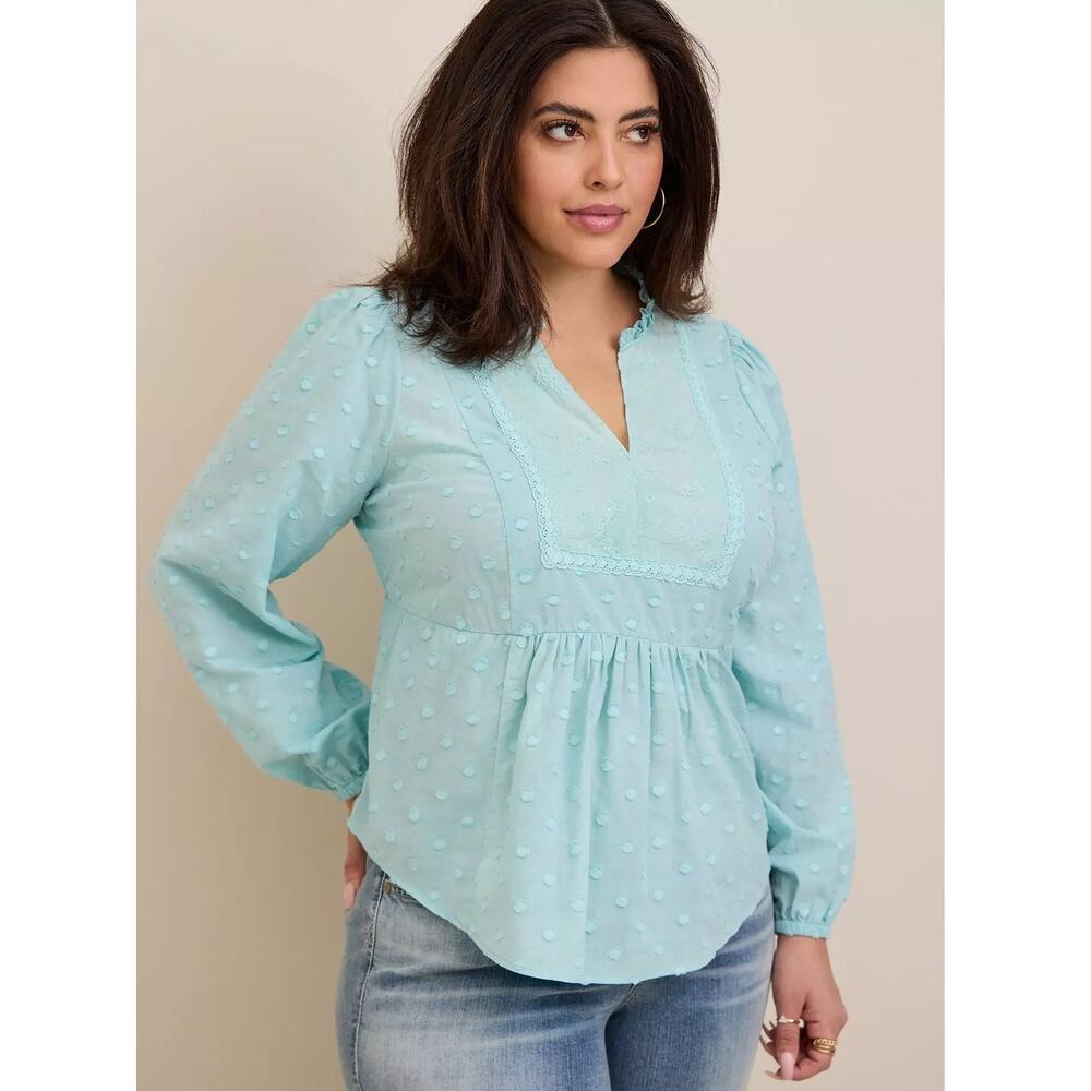 NWT Torrid Canal Blue Clip Swiss Dot Lace Inset Yoke Detail Top Women's Size 2X